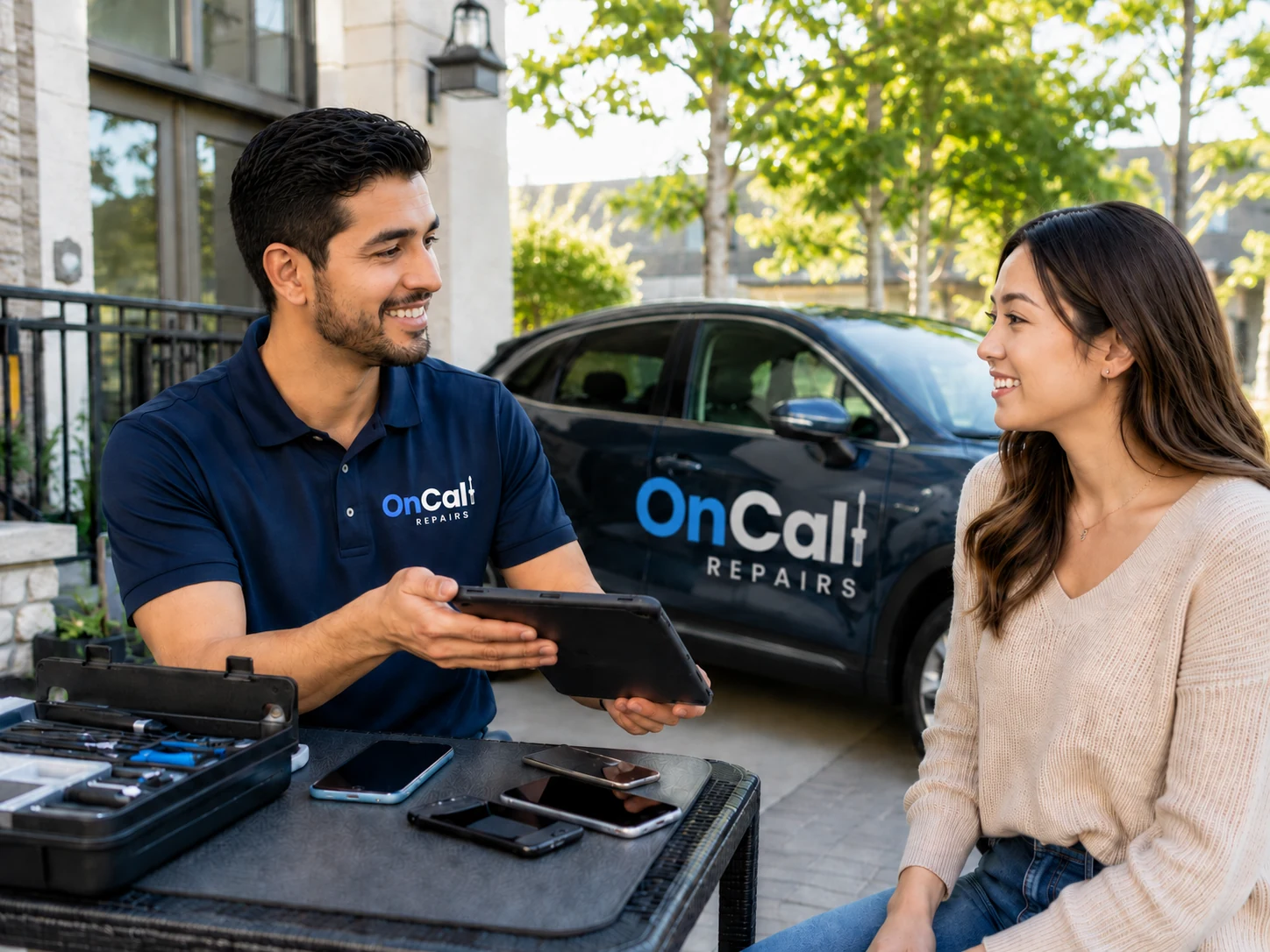 Mobile repair technician helping a customer at home