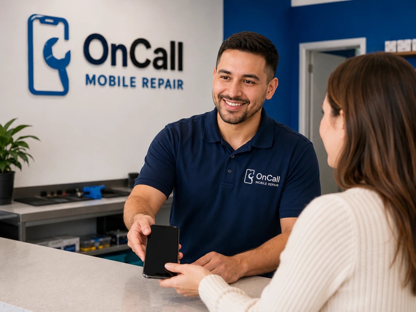 OnCall Mobile Repair technician helping a customer in Long Beach repair shop