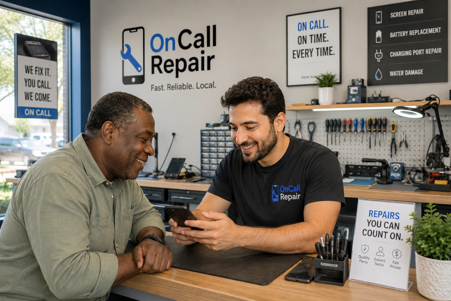 Customer receiving help at the OnCall repair store