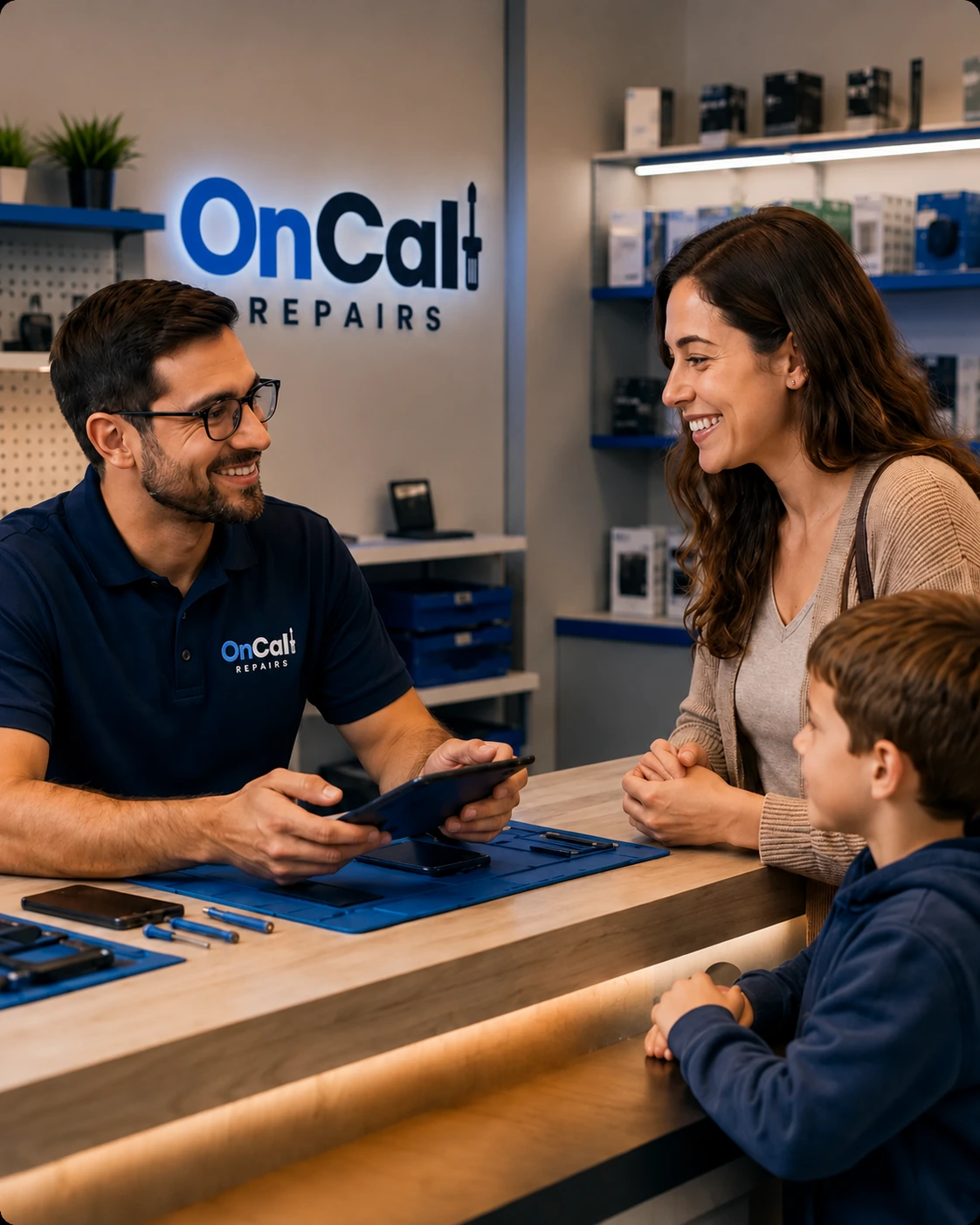 Repair technician helping a family at the service counter