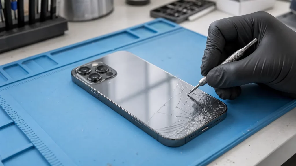 Technician repairing cracked rear glass on a premium smartphone