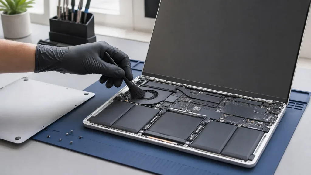 Technician cleaning a laptop cooling fan during MacBook repair