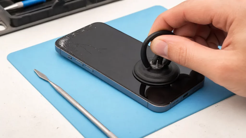 Technician preparing to lift a cracked smartphone screen with a suction tool