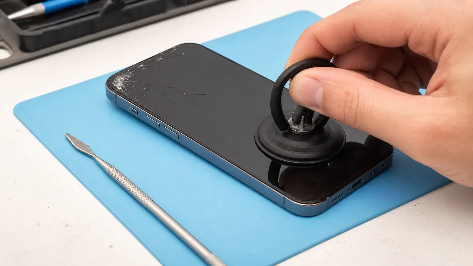 Phone screen repair Long Beach — technician lifting a cracked screen with a suction tool