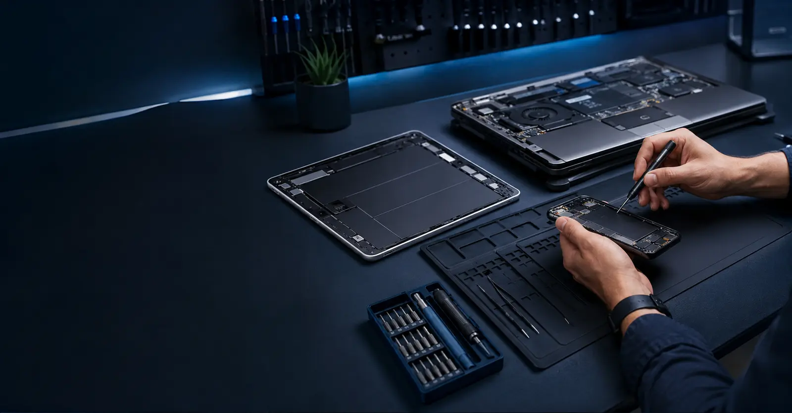 Technician repairing a phone beside an open tablet and laptop