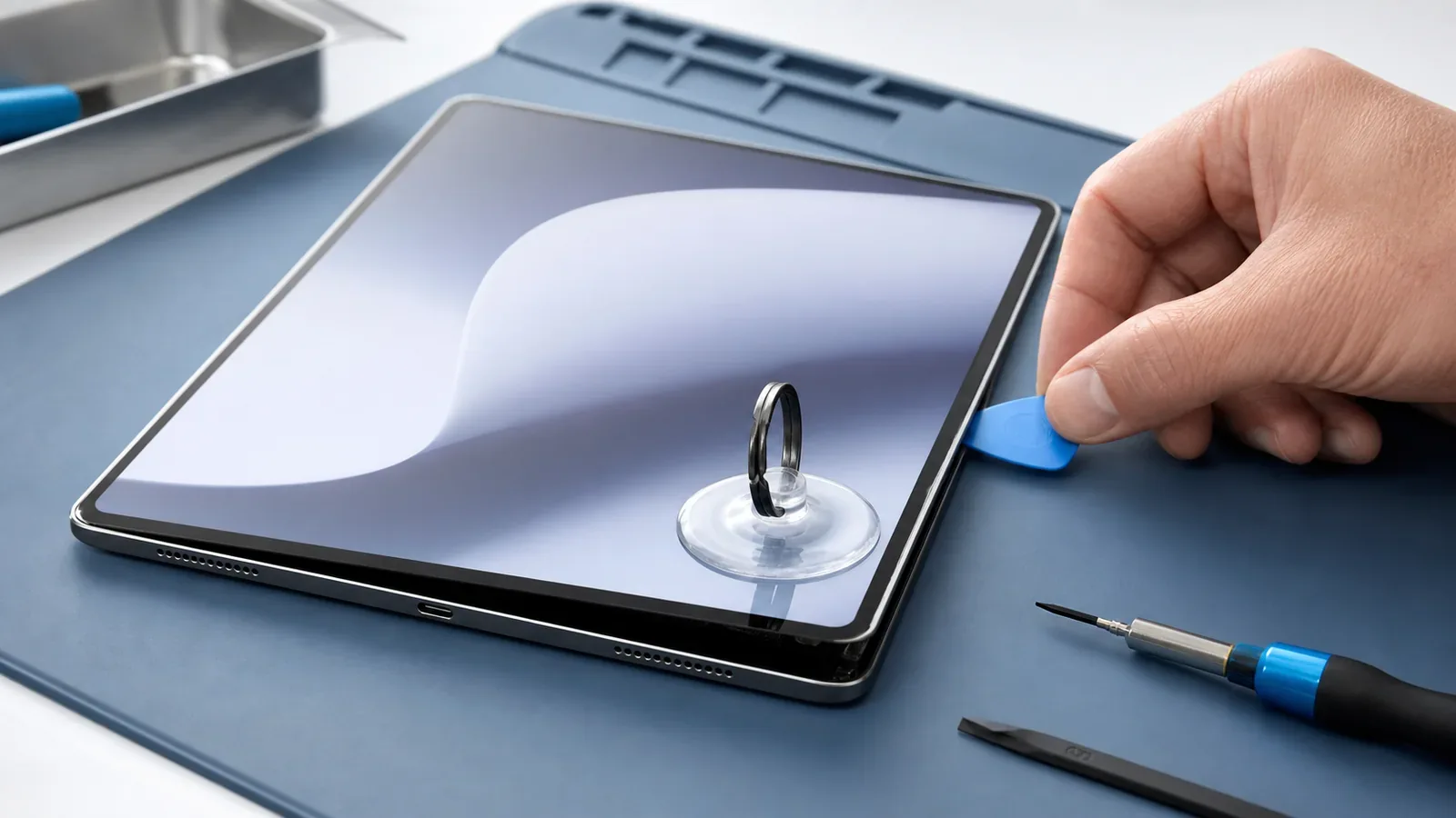 Tablet repair Long Beach — technician lifting a display with a suction tool