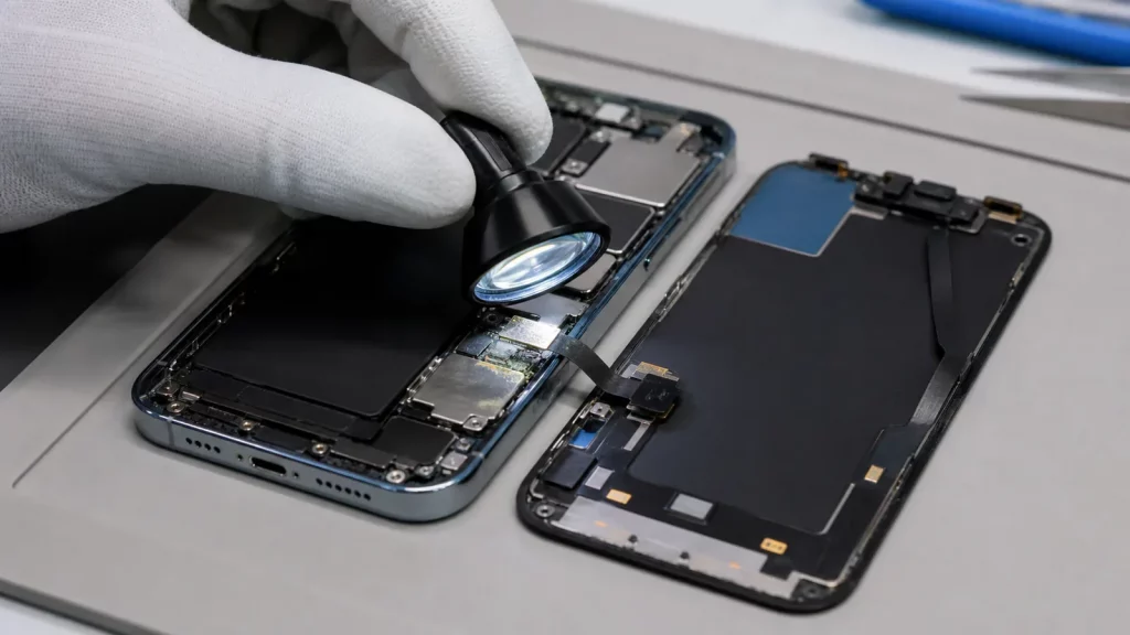 Technician inspecting corrosion inside a water-damaged smartphone